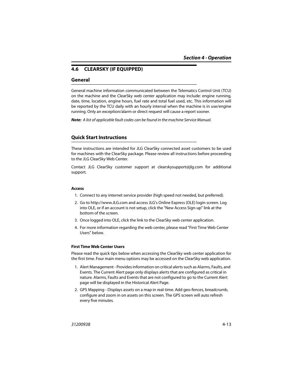 6 clearsky (if equipped), General, Quick start instructions | Clearsky (if equipped) -13, General -13 quick start instructions -13 | JLG 4017RS Operator Manual User Manual | Page 77 / 156