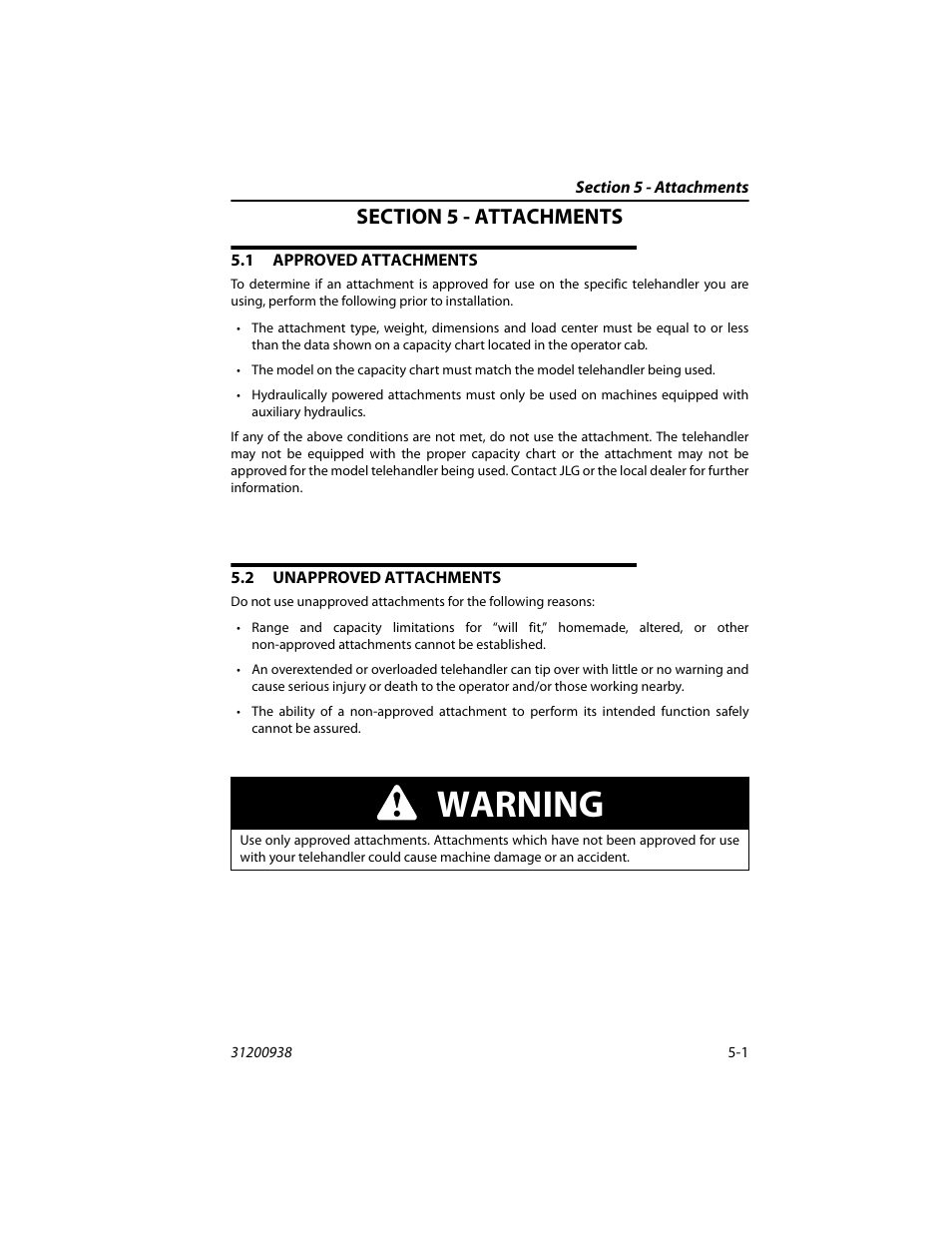 Section 5 - attachments, 1 approved attachments, 2 unapproved attachments | Approved attachments -1, Unapproved attachments -1, Tion 5 - attachments, Warning | JLG 4017RS Operator Manual User Manual | Page 81 / 156
