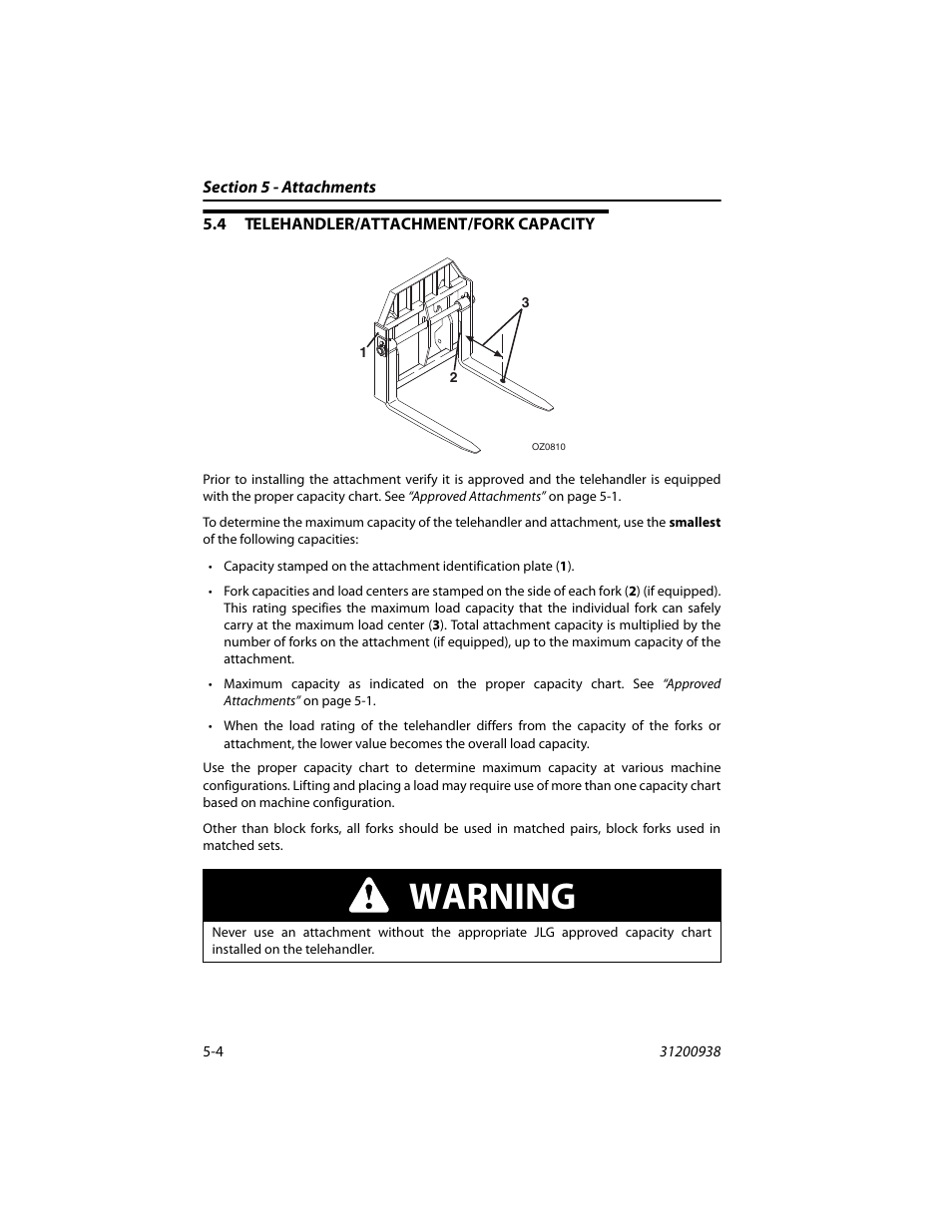 4 telehandler/attachment/fork capacity, Telehandler/attachment/fork capacity -4, Warning | JLG 4017RS Operator Manual User Manual | Page 84 / 156