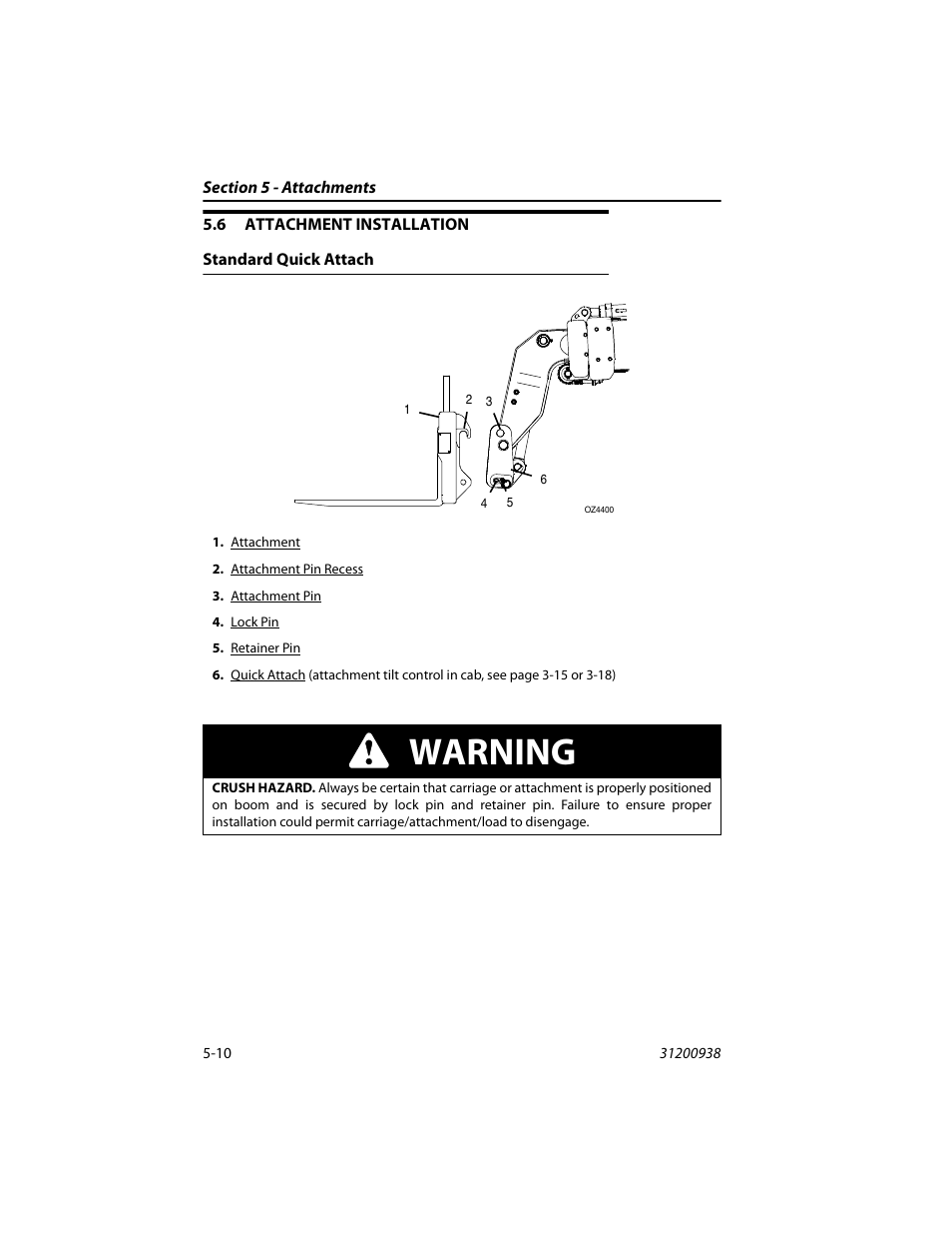 6 attachment installation, Standard quick attach, Attachment installation -10 | Standard quick attach -10, Warning | JLG 4017RS Operator Manual User Manual | Page 90 / 156