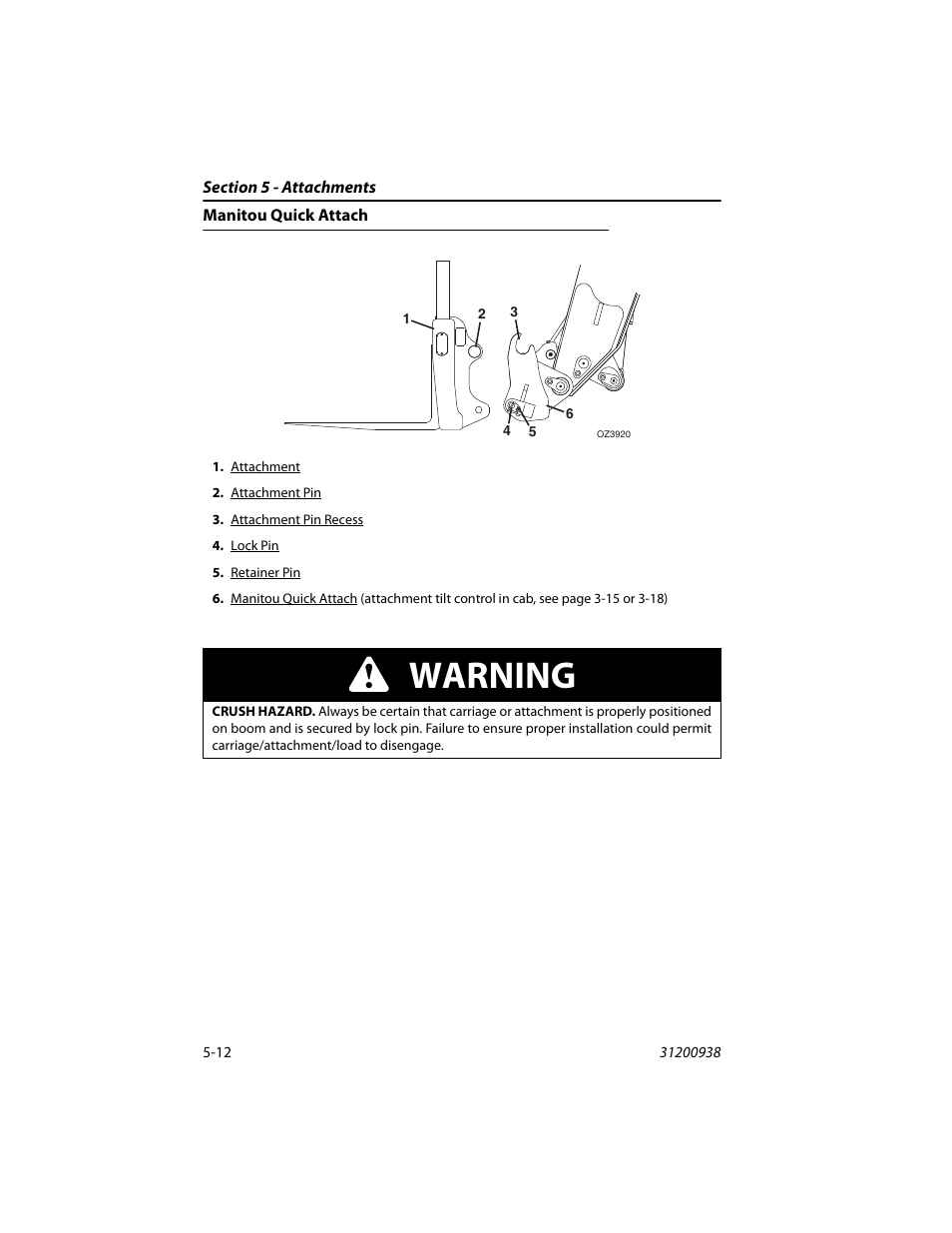 Manitou quick attach, Manitou quick attach -12, Warning | JLG 4017RS Operator Manual User Manual | Page 92 / 156