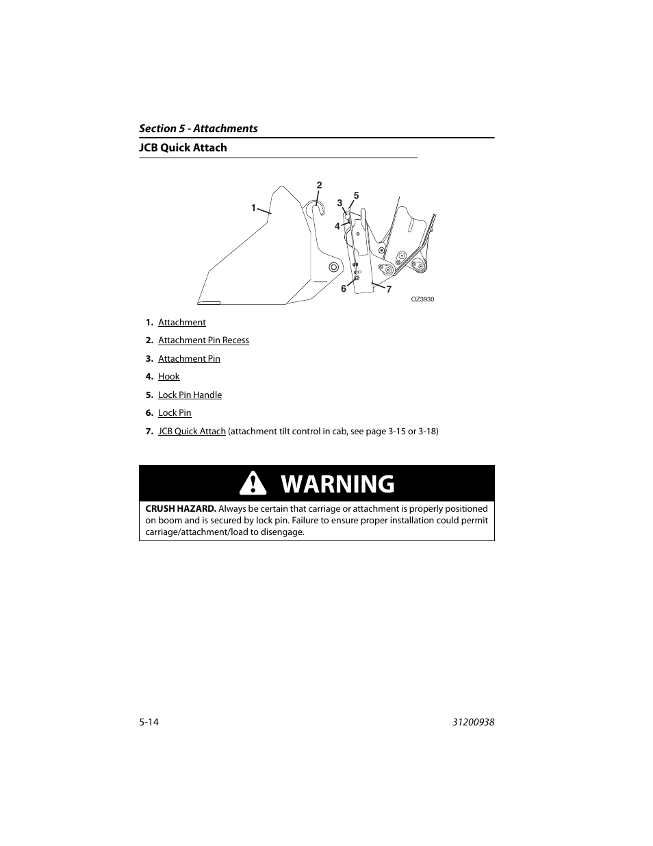 Jcb quick attach, Jcb quick attach -14, Warning | JLG 4017RS Operator Manual User Manual | Page 94 / 156