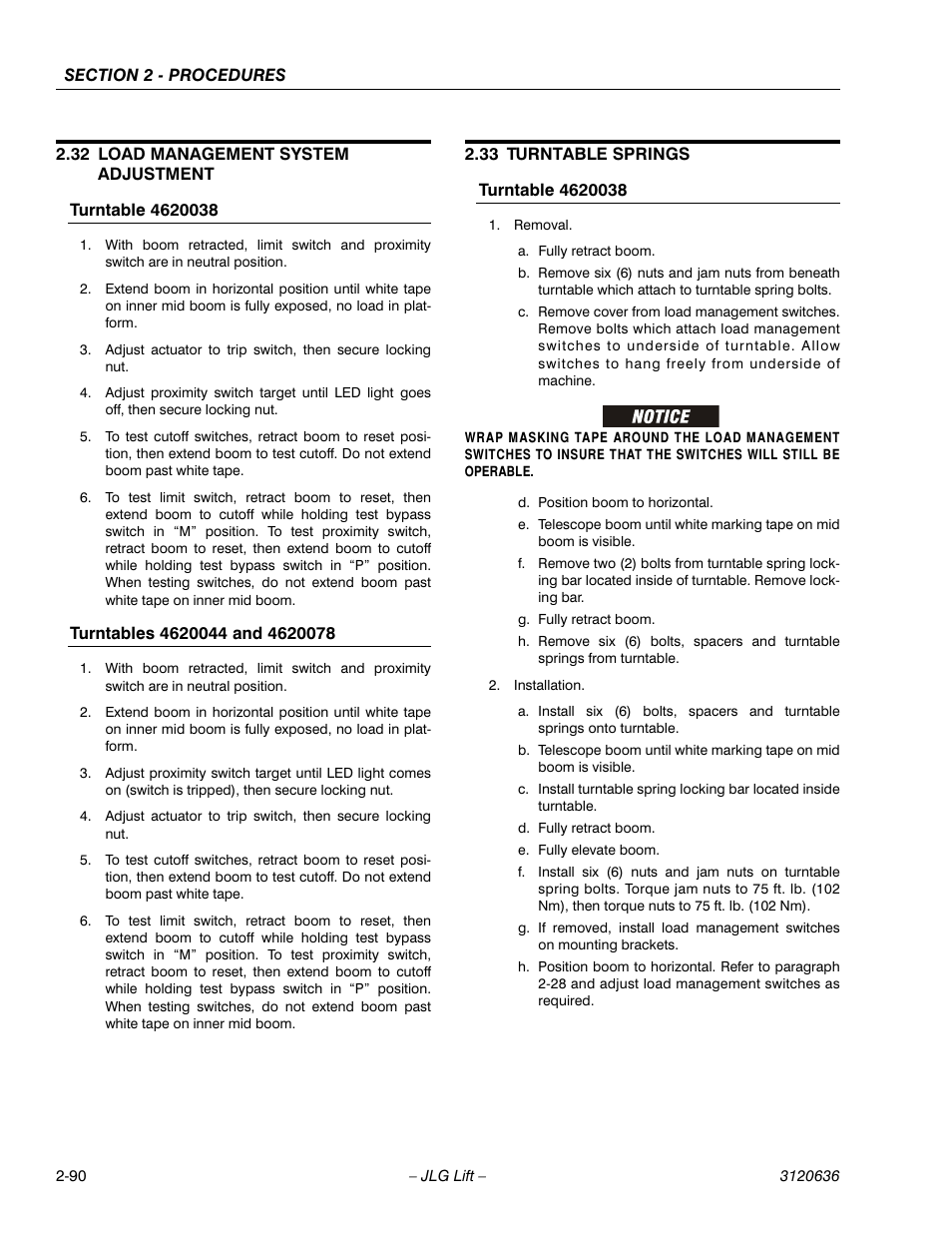 32 load management system adjustment, 33 turntable springs, Load management system adjustment -90 | Turntable springs -90 | JLG 110HX ANSI Service Manual User Manual | Page 114 / 162