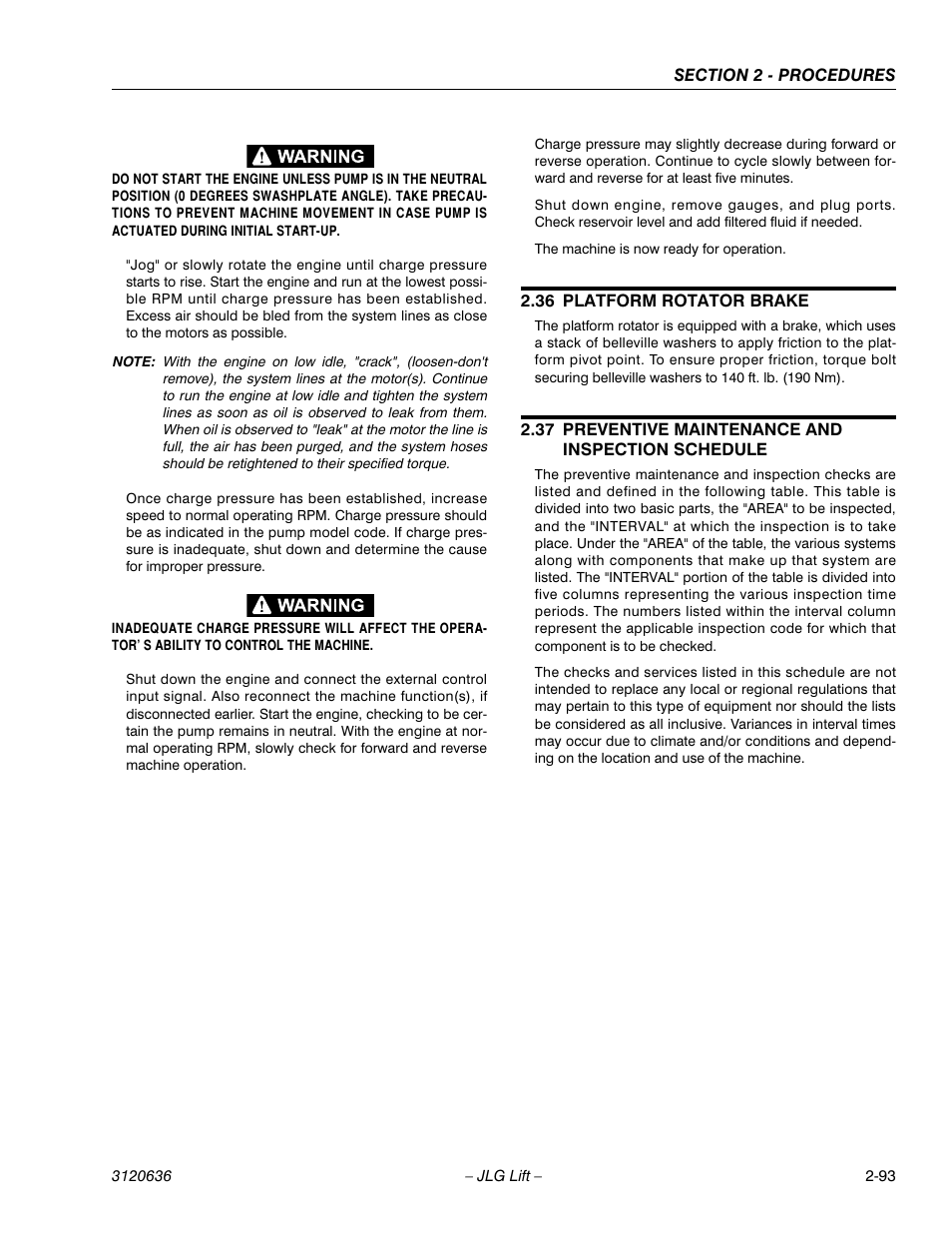 36 platform rotator brake, 37 preventive maintenance and inspection schedule, Platform rotator brake -93 | Preventive maintenance and inspection schedule -93 | JLG 110HX ANSI Service Manual User Manual | Page 117 / 162