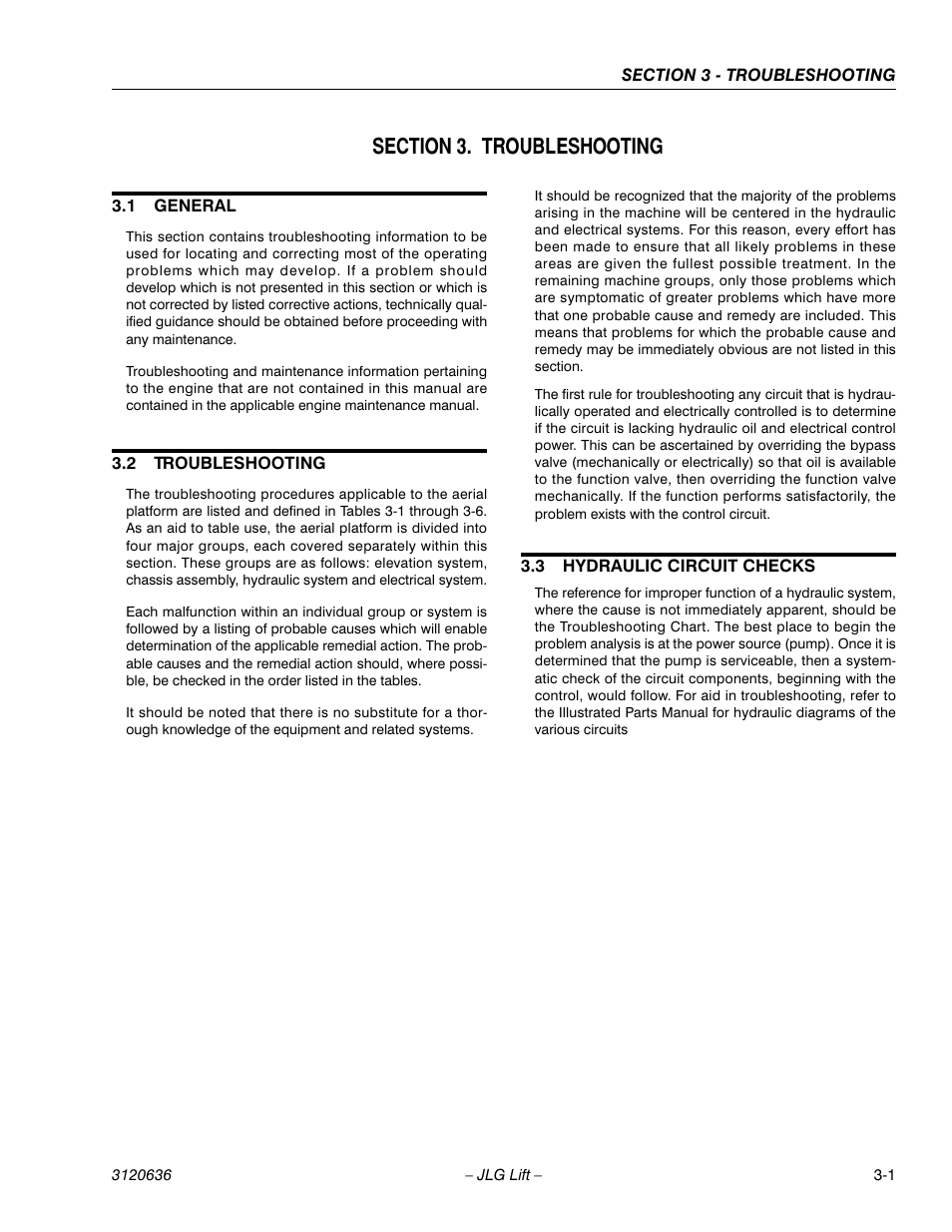 Section 3. troubleshooting, 1 general, 2 troubleshooting | 3 hydraulic circuit checks, Section 3 - troubleshooting, General -1, Troubleshooting -1, Hydraulic circuit checks -1 | JLG 110HX ANSI Service Manual User Manual | Page 121 / 162