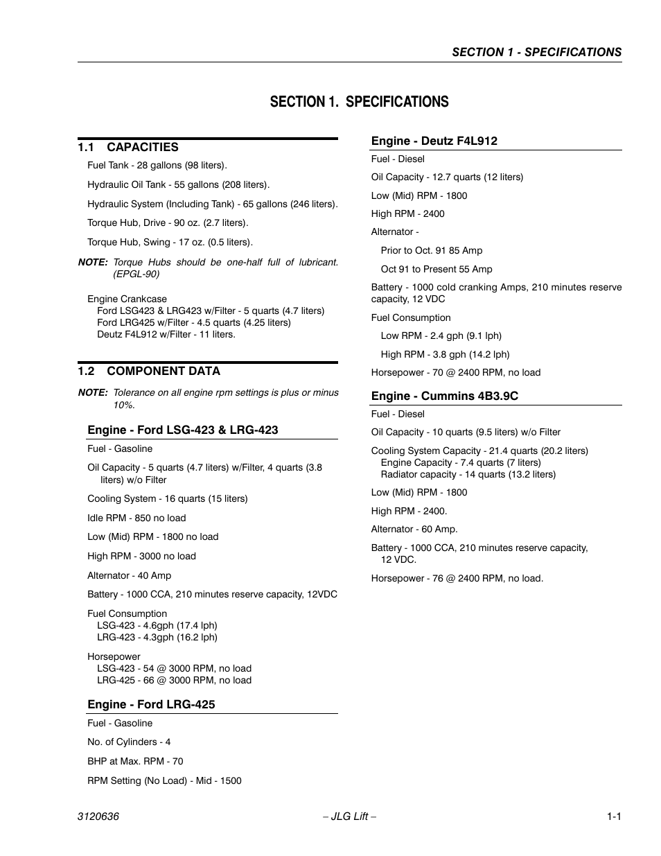 Section 1. specifications, 1 capacities, 2 component data | Section 1 - specifications, Capacities -1, Component data -1 | JLG 110HX ANSI Service Manual User Manual | Page 13 / 162