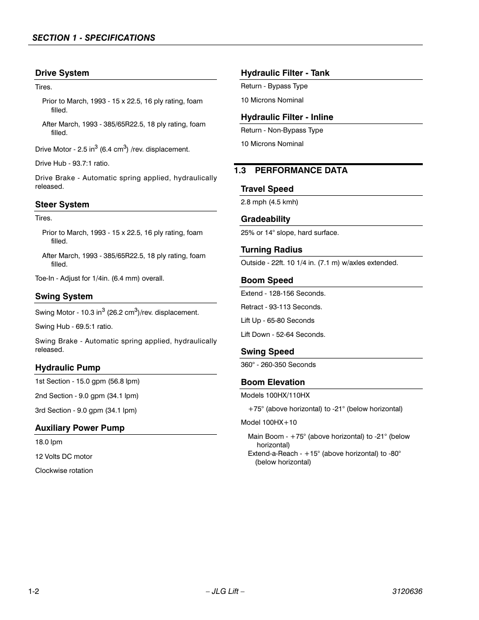 3 performance data, Performance data -2 | JLG 110HX ANSI Service Manual User Manual | Page 14 / 162