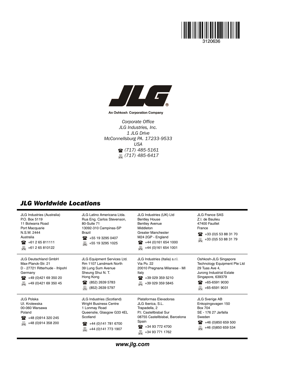 Jlg worldwide locations | JLG 110HX ANSI Service Manual User Manual | Page 162 / 162