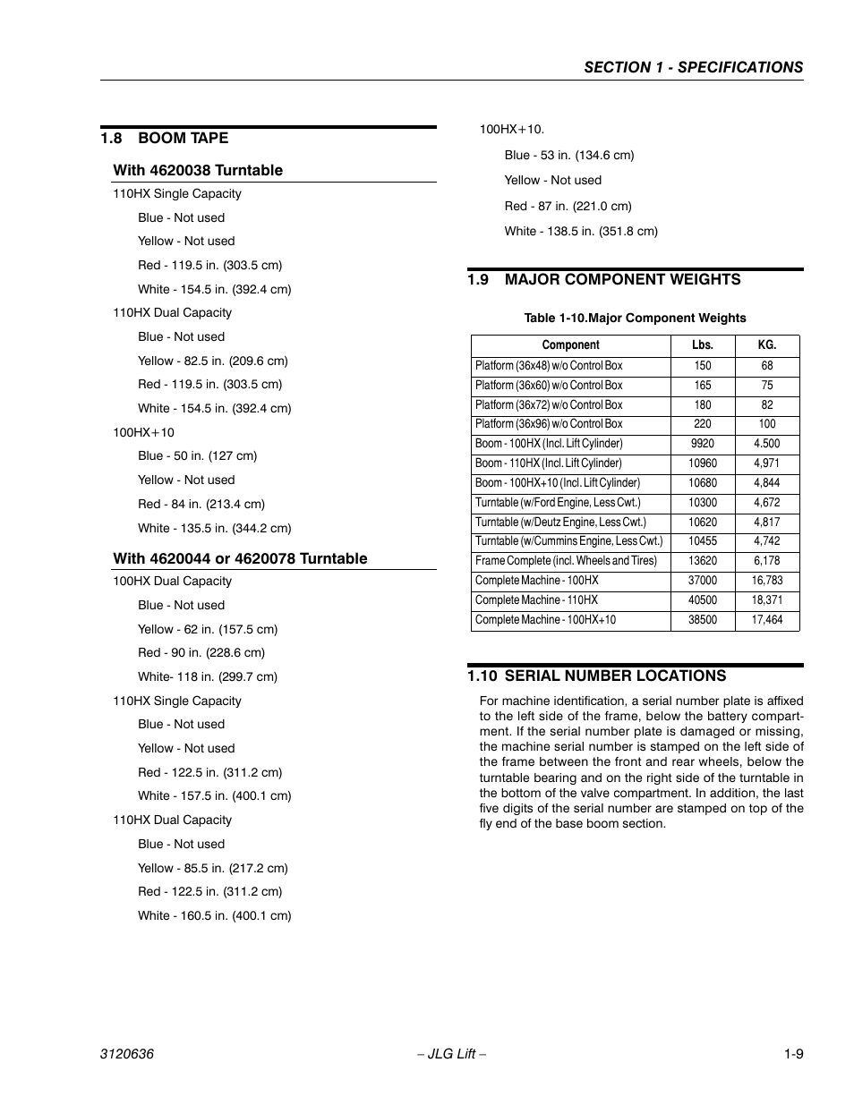 8 boom tape, 9 major component weights, 10 serial number locations | Boom tape -9, Major component weights -9, Serial number locations -9 | JLG 110HX ANSI Service Manual User Manual | Page 21 / 162