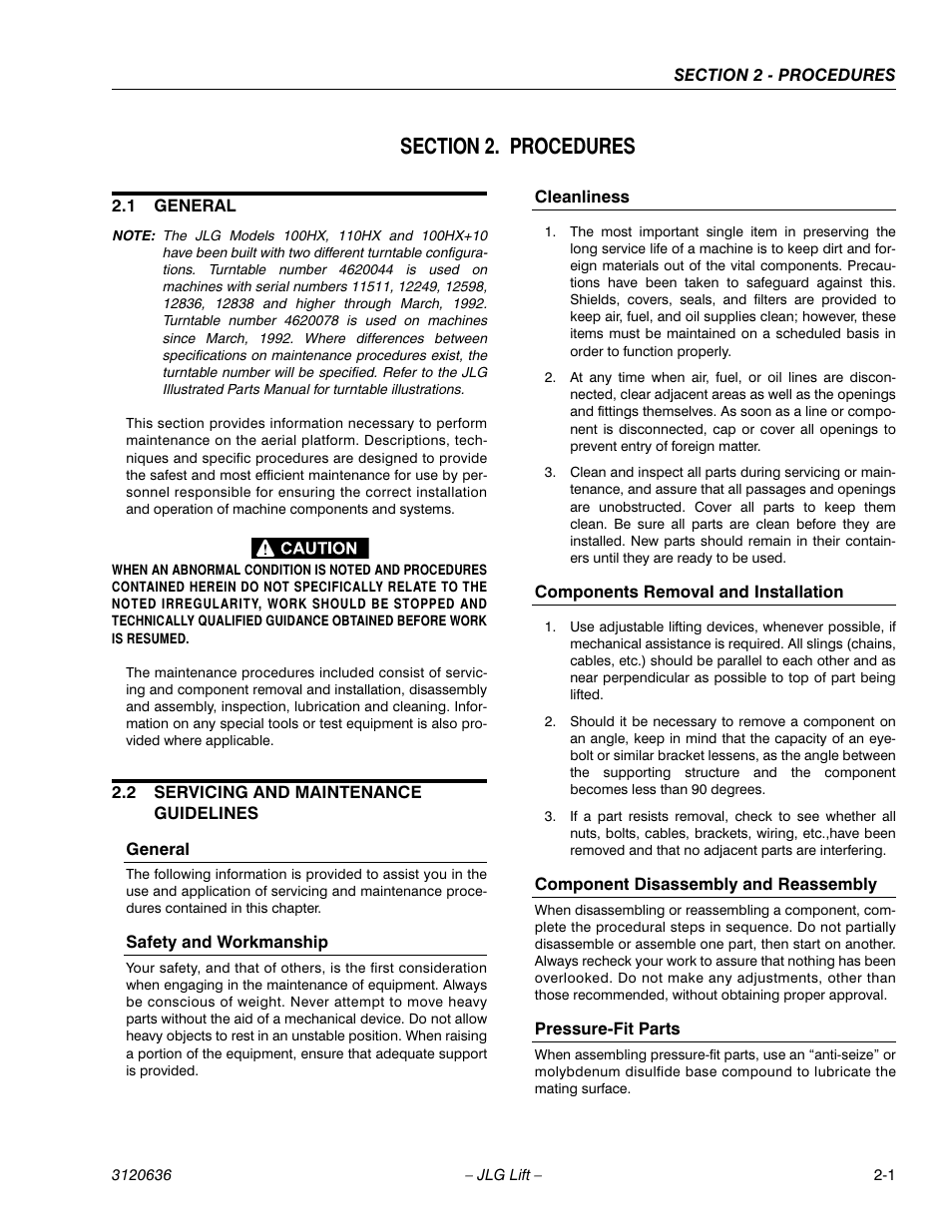 Section 2. procedures, 1 general, 2 servicing and maintenance guidelines | Section 2 - procedures, General -1, Servicing and maintenance guidelines -1 | JLG 110HX ANSI Service Manual User Manual | Page 25 / 162