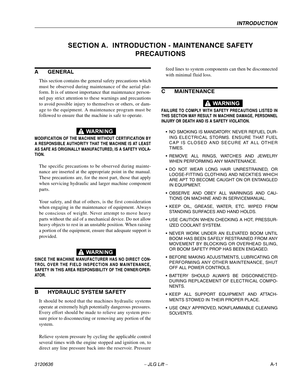 A general, B hydraulic system safety, C maintenance | JLG 110HX ANSI Service Manual User Manual | Page 3 / 162