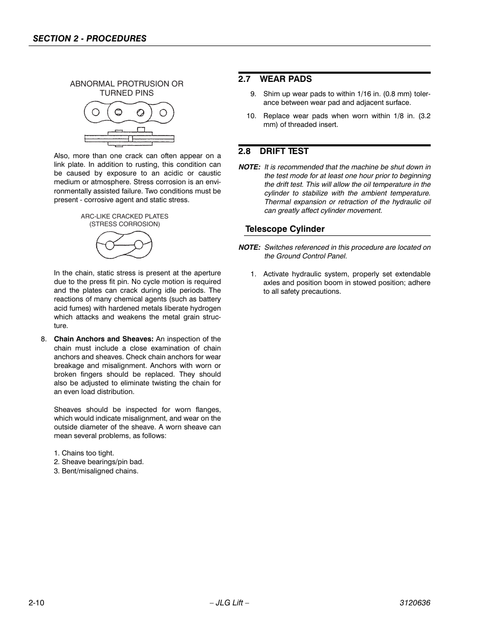 7 wear pads, 8 drift test, Wear pads -10 | Drift test -10 | JLG 110HX ANSI Service Manual User Manual | Page 34 / 162