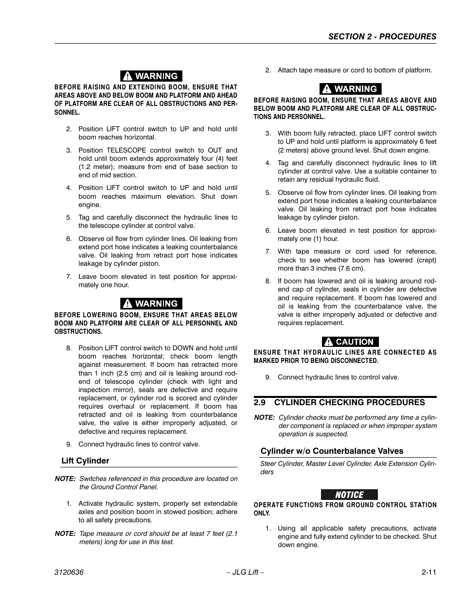 9 cylinder checking procedures, Cylinder checking procedures -11 | JLG 110HX ANSI Service Manual User Manual | Page 35 / 162