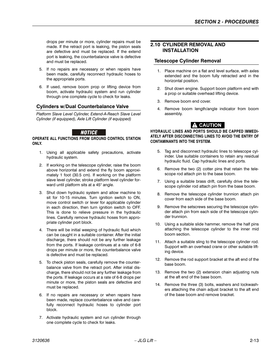 10 cylinder removal and installation, Cylinder removal and installation -13 | JLG 110HX ANSI Service Manual User Manual | Page 37 / 162