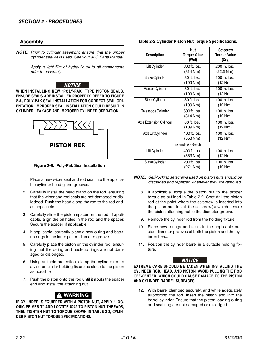 Poly-pak seal installation -22, Cylinder piston nut torque specifications -22 | JLG 110HX ANSI Service Manual User Manual | Page 46 / 162