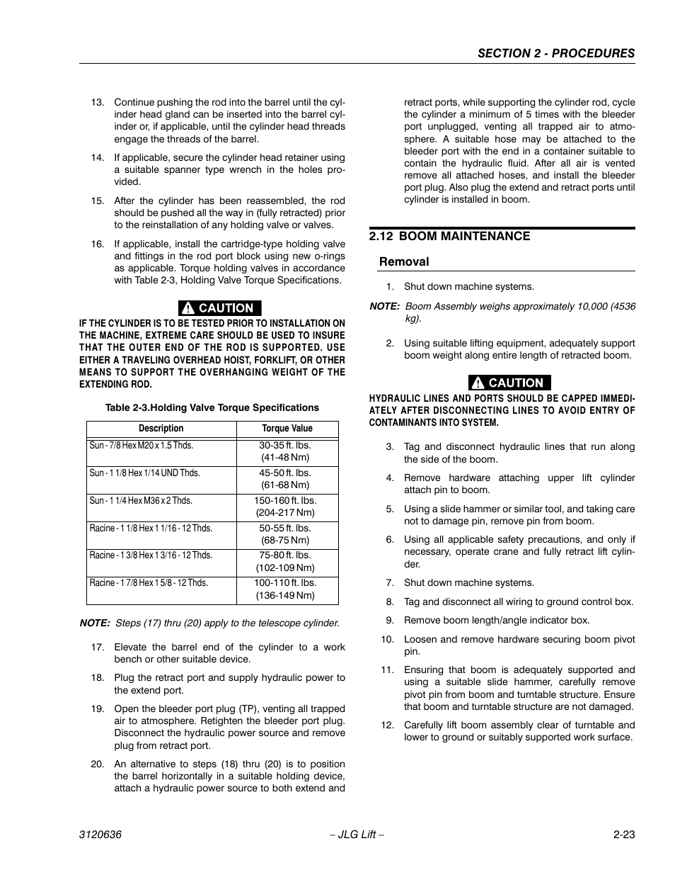 12 boom maintenance, Boom maintenance -23, Holding valve torque specifications -23 | JLG 110HX ANSI Service Manual User Manual | Page 47 / 162