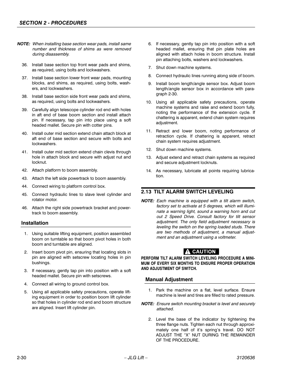 13 tilt alarm switch leveling, Tilt alarm switch leveling -30 | JLG 110HX ANSI Service Manual User Manual | Page 54 / 162