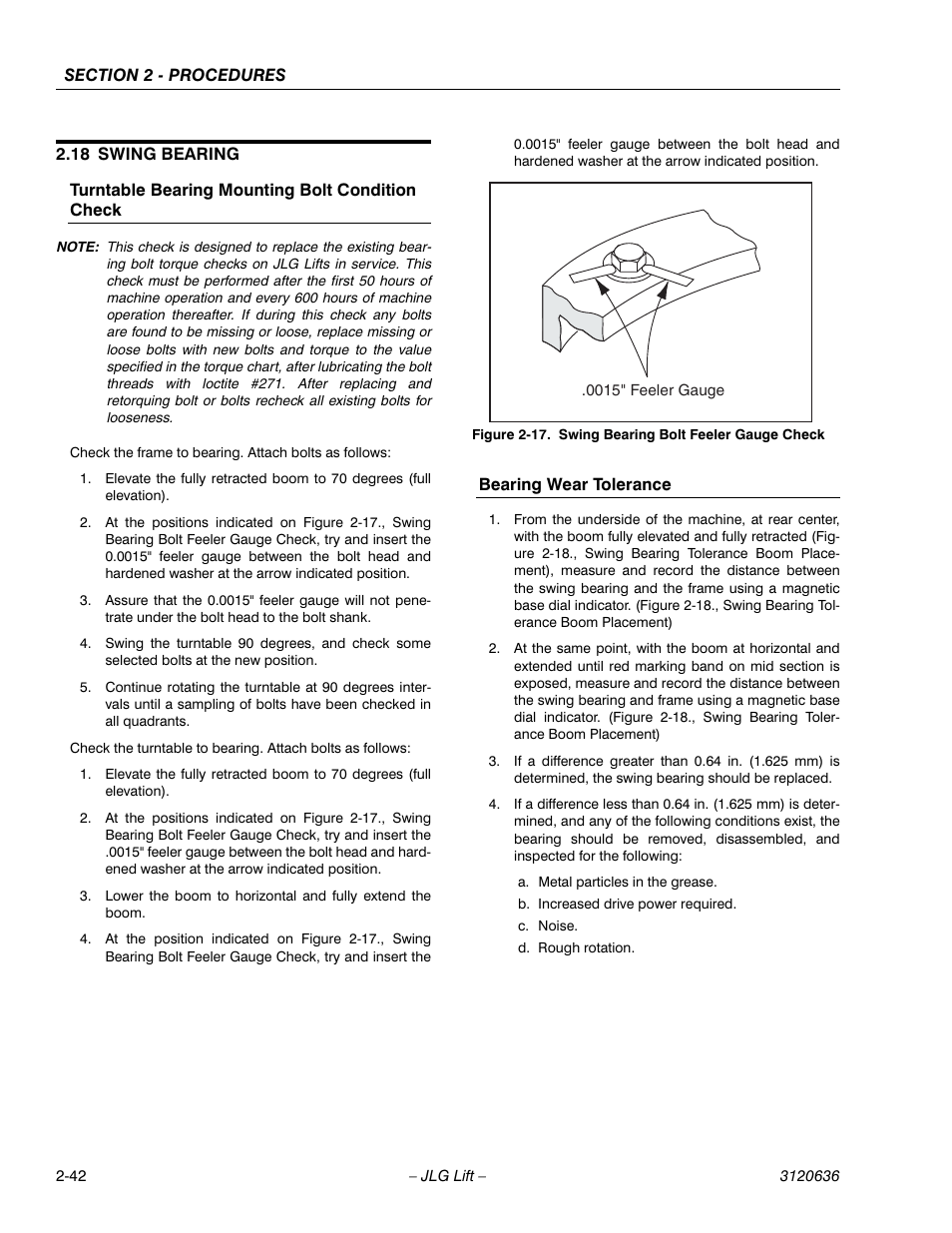 18 swing bearing, Swing bearing -42, Swing bearing bolt feeler gauge check -42 | JLG 110HX ANSI Service Manual User Manual | Page 66 / 162