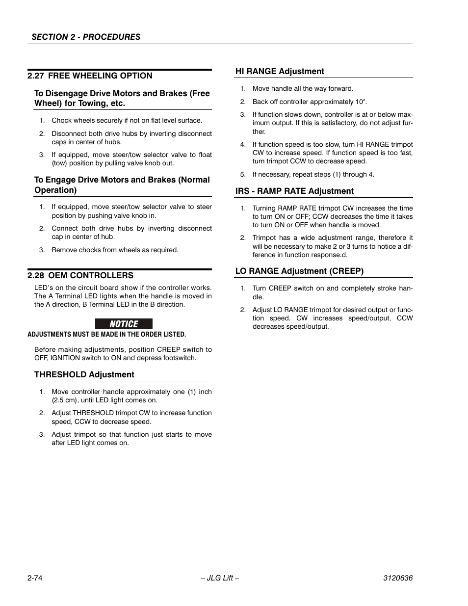 27 free wheeling option, 28 oem controllers, Free wheeling option -74 | Oem controllers -74 | JLG 110HX ANSI Service Manual User Manual | Page 98 / 162