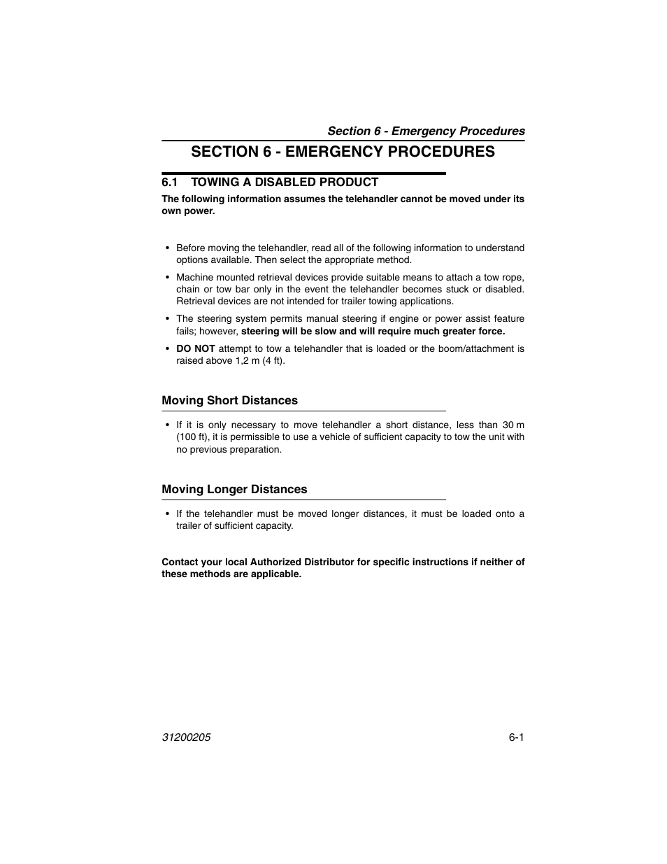 Section 6 - emergency procedures, 1 towing a disabled product, Moving short distances | Moving longer distances, 1 towing a disabled product -1 | JLG 40xxPS Operator Manual User Manual | Page 127 / 176