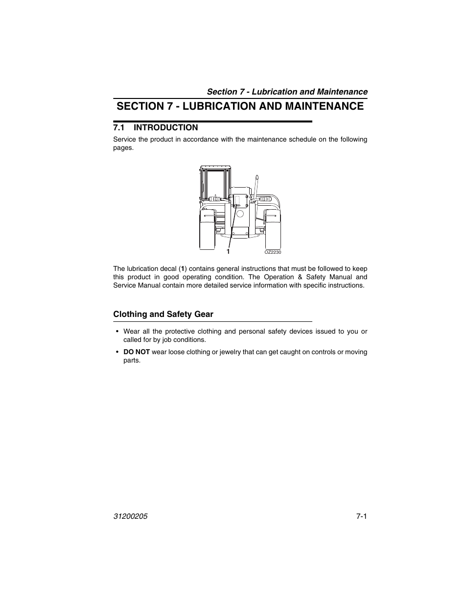 Section 7 - lubrication and maintenance, 1 introduction, Clothing and safety gear | 1 introduction -1, Clothing and safety gear -1, To section 7 - lubrication and maintenance and | JLG 40xxPS Operator Manual User Manual | Page 131 / 176