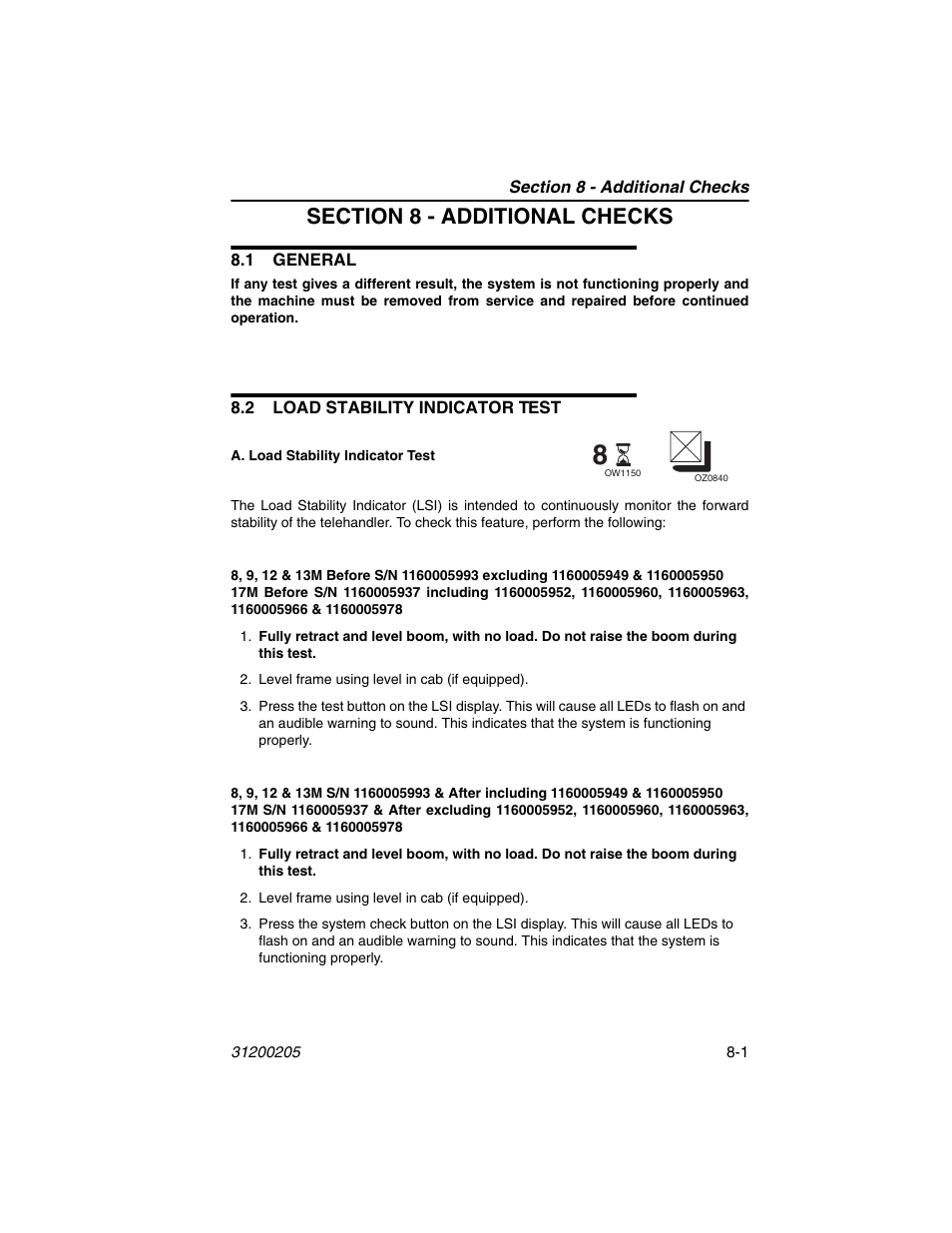 Section 8 - additional checks, 1 general, 2 load stability indicator test | 1 general -1 8.2 load stability indicator test -1, T. see section 8 - additional, Checks | JLG 40xxPS Operator Manual User Manual | Page 153 / 176