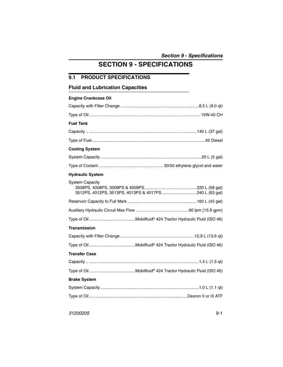 Section 9 - specifications, 1 product specifications, Fluid and lubrication capacities | 1 product specifications -1, Fluid and lubrication capacities -1 | JLG 40xxPS Operator Manual User Manual | Page 159 / 176