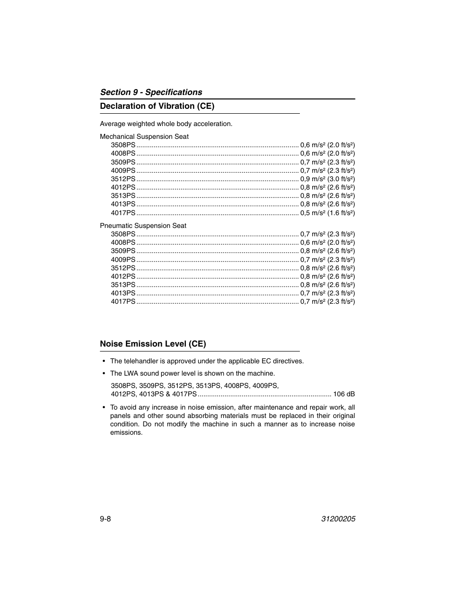 Declaration of vibration (ce), Noise emission level (ce) | JLG 40xxPS Operator Manual User Manual | Page 166 / 176