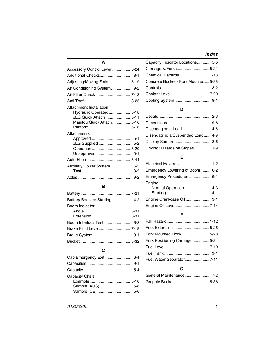 Index | JLG 40xxPS Operator Manual User Manual | Page 167 / 176