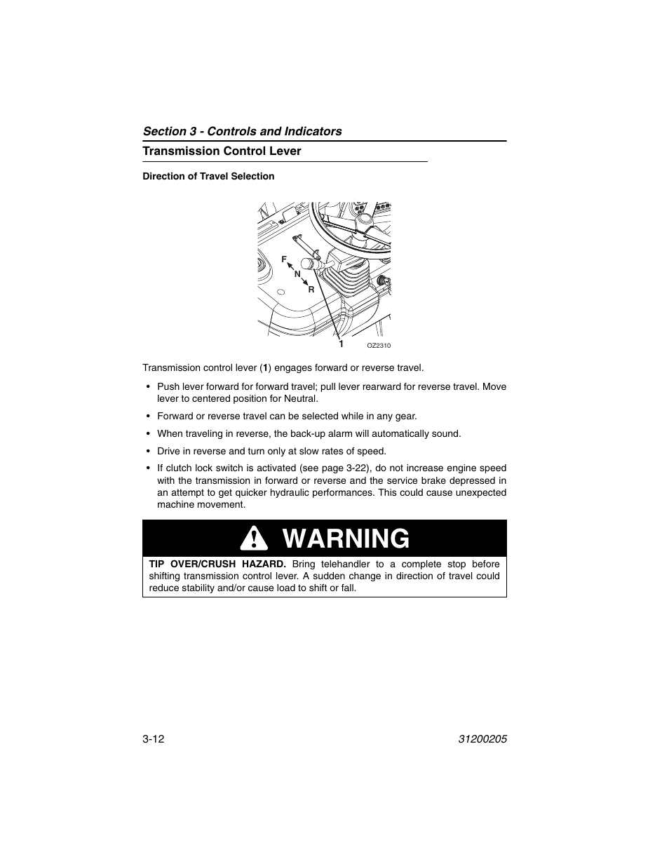 Transmission control lever, Transmission control lever -12, Warning | JLG 40xxPS Operator Manual User Manual | Page 48 / 176