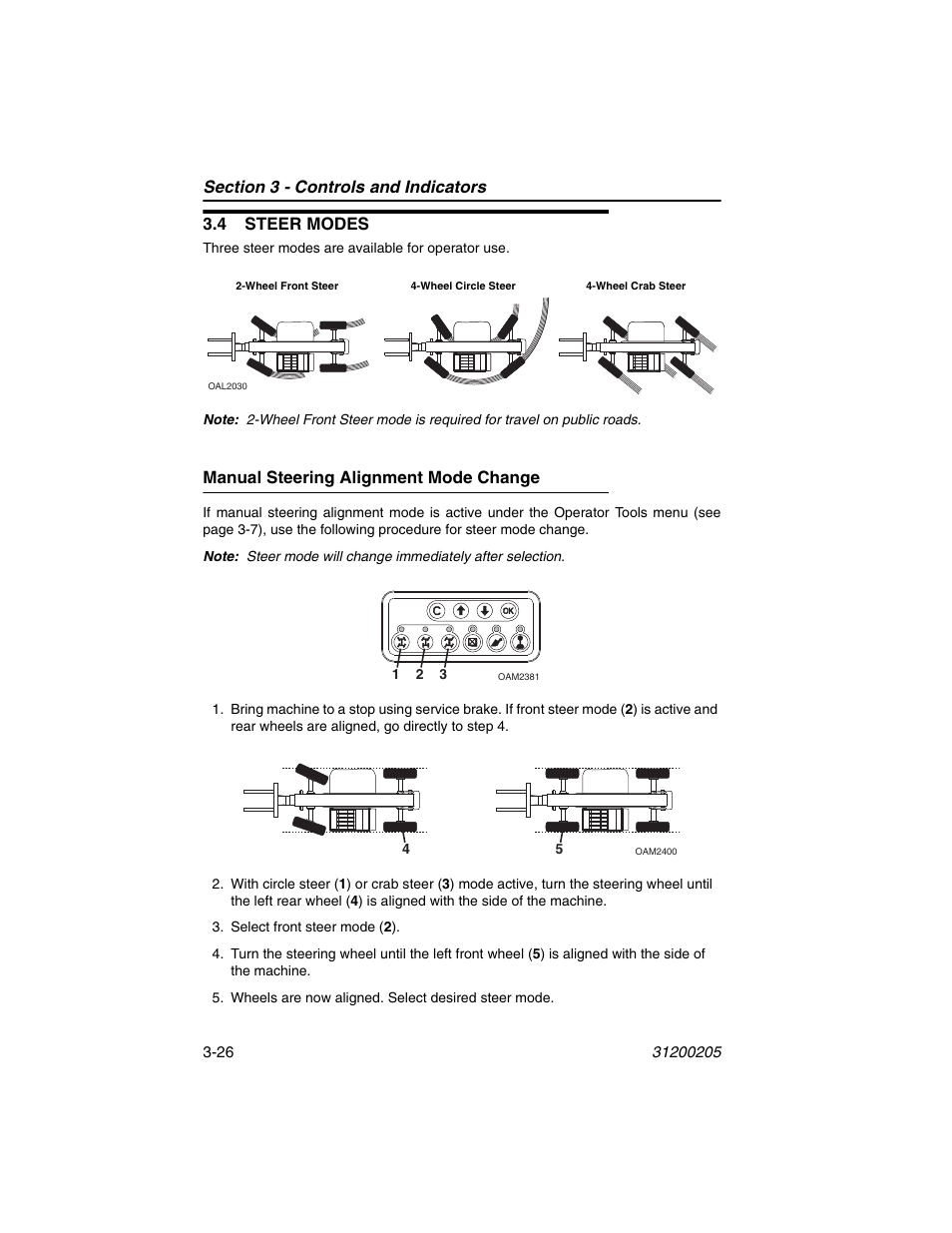 4 steer modes, Manual steering alignment mode change, 4 steer modes -26 | Manual steering alignment mode change -26 | JLG 40xxPS Operator Manual User Manual | Page 62 / 176