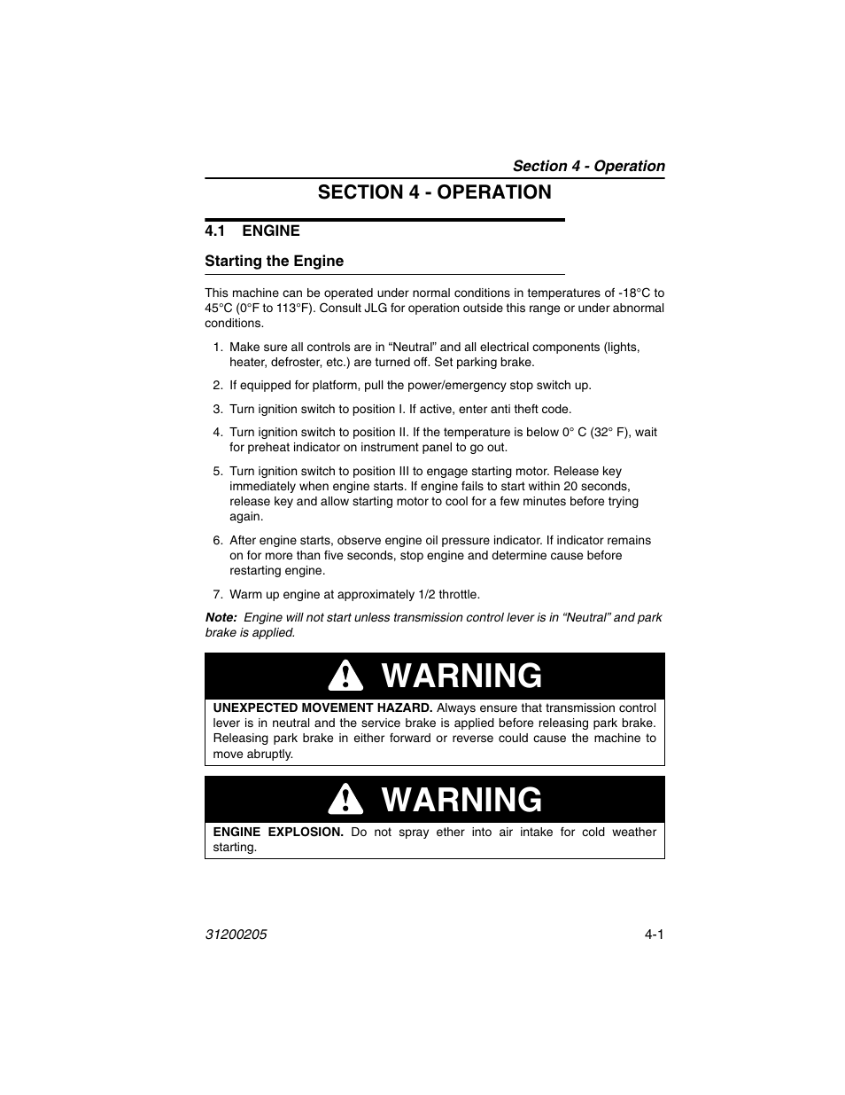 Section 4 - operation, 1 engine, Starting the engine | 1 engine -1, Starting the engine -1, Warning | JLG 40xxPS Operator Manual User Manual | Page 69 / 176