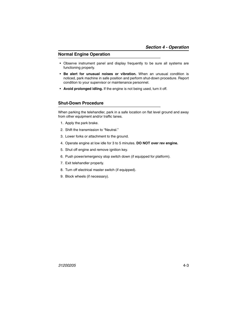 Normal engine operation, Shut-down procedure, Normal engine operation -3 shut-down procedure -3 | JLG 40xxPS Operator Manual User Manual | Page 71 / 176