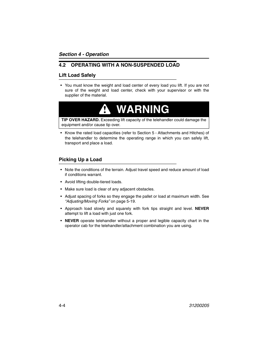 2 operating with a non-suspended load, Lift load safely, Picking up a load | 2 operating with a non-suspended load -4, Lift load safely -4 picking up a load -4, Warning | JLG 40xxPS Operator Manual User Manual | Page 72 / 176
