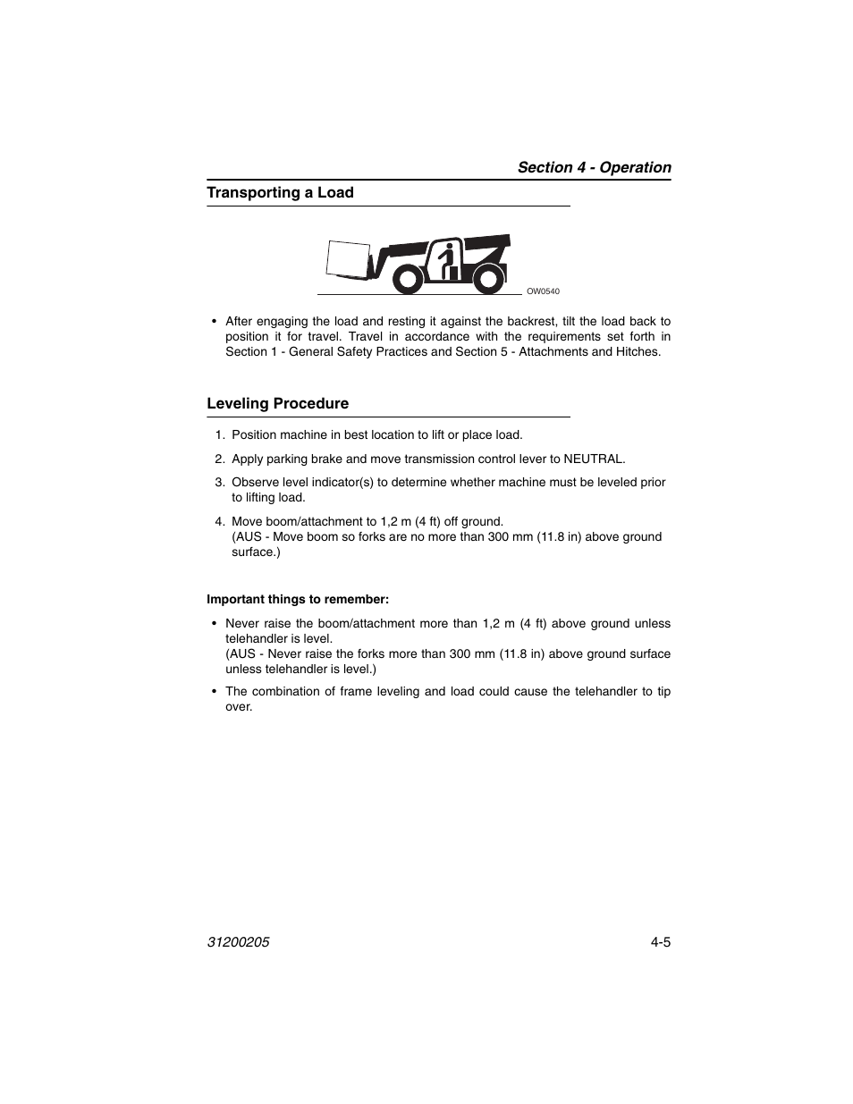 Transporting a load, Leveling procedure, Transporting a load -5 leveling procedure -5 | JLG 40xxPS Operator Manual User Manual | Page 73 / 176