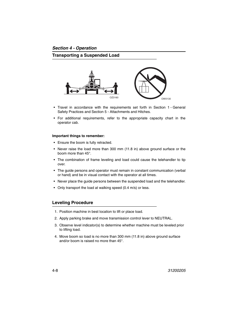 Transporting a suspended load, Leveling procedure | JLG 40xxPS Operator Manual User Manual | Page 76 / 176