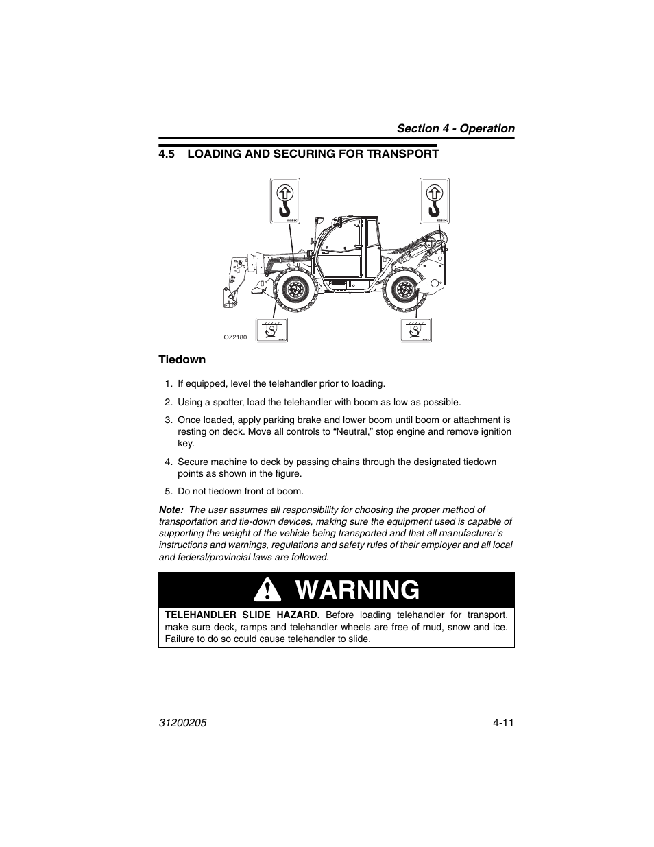 5 loading and securing for transport, Tiedown, 5 loading and securing for transport -11 | Tiedown -11, Warning | JLG 40xxPS Operator Manual User Manual | Page 79 / 176