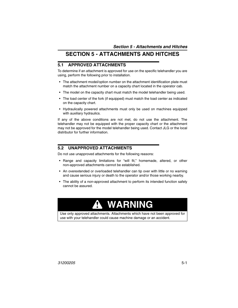 Section 5 - attachments and hitches, 1 approved attachments, 2 unapproved attachments | Warning | JLG 40xxPS Operator Manual User Manual | Page 81 / 176