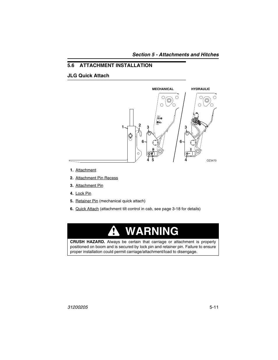 6 attachment installation, Jlg quick attach, 6 attachment installation -11 | Jlg quick attach -11, Warning | JLG 40xxPS Operator Manual User Manual | Page 91 / 176