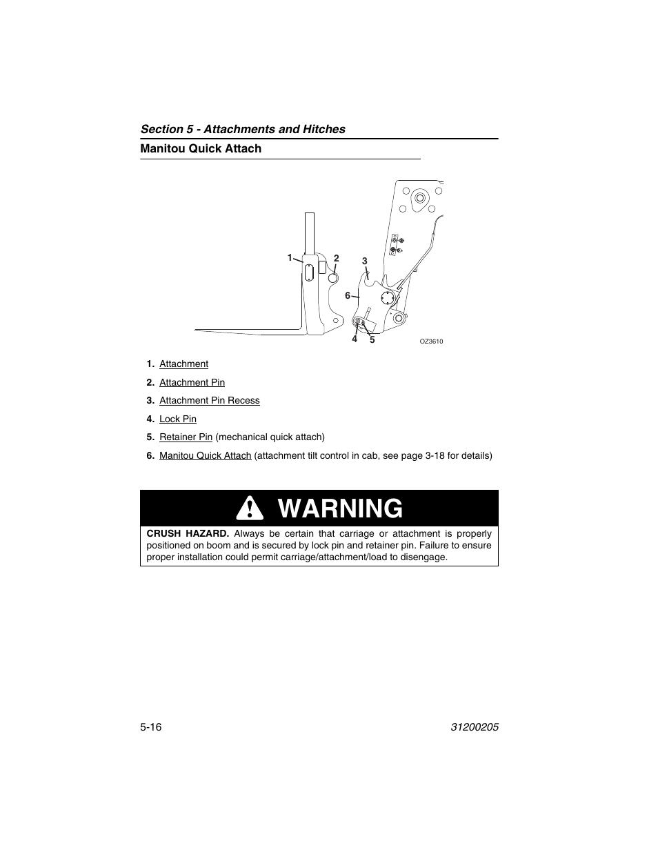 Manitou quick attach, Manitou quick attach -16, Warning | JLG 40xxPS Operator Manual User Manual | Page 96 / 176