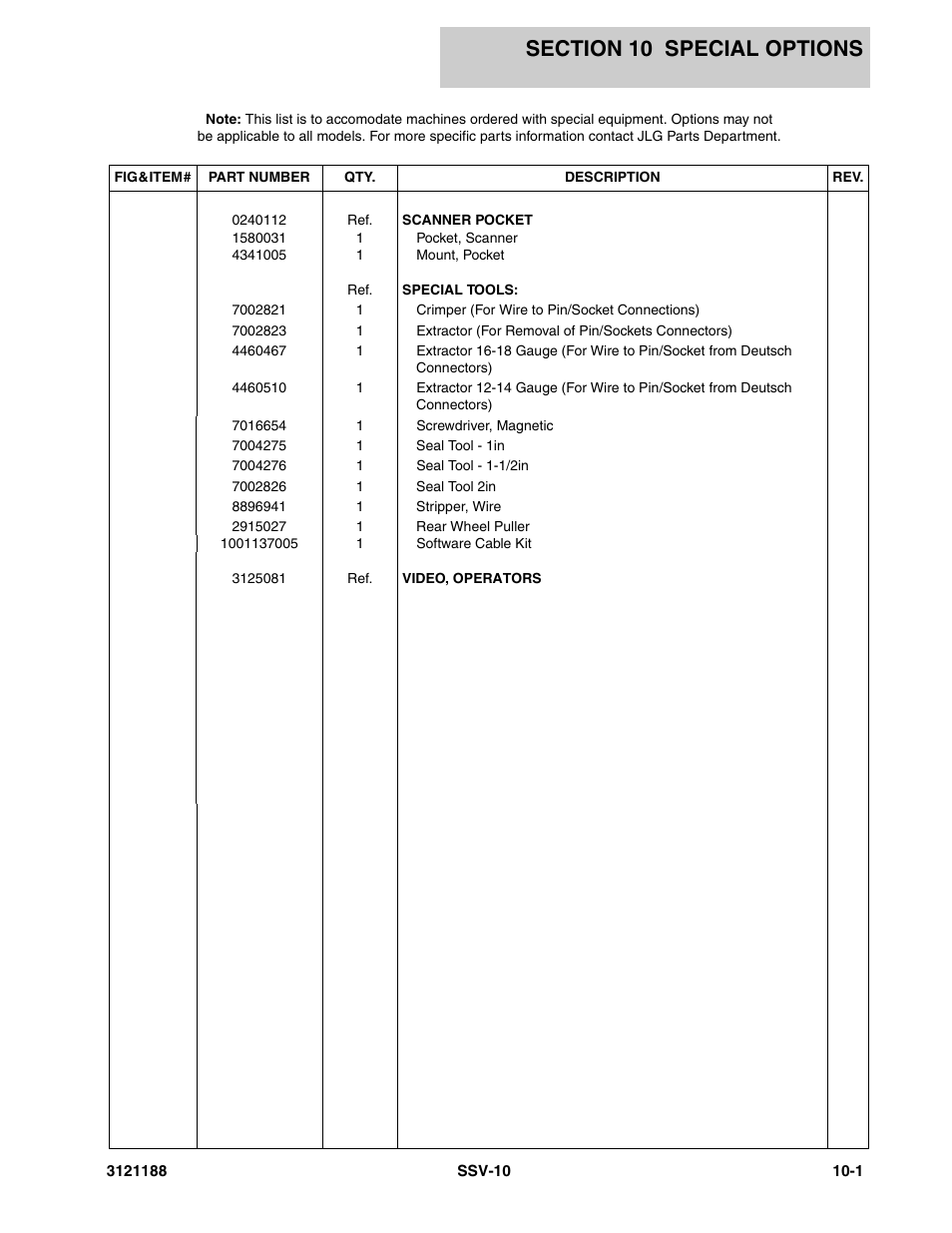 Section 10 special options, Section 10 - special options -1 | JLG SSV10 Parts Manual User Manual | Page 77 / 84