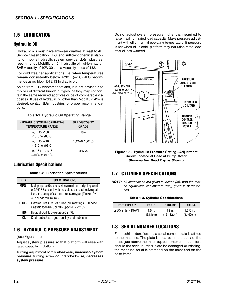 5 lubrication, Hydraulic oil, Lubrication specifications | 6 hydraulic pressure adjustment, 7 cylinder specifications, 8 serial number locations, Lubrication -2, Hydraulic oil -2 lubrication specifications -2, Hydraulic pressure adjustment -2, Cylinder specifications -2 | JLG 19AMI Service Manual User Manual | Page 12 / 60