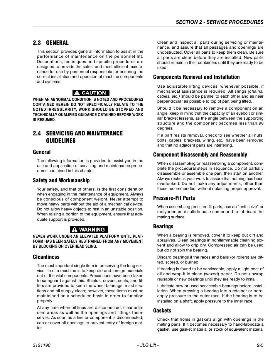 3 general, 4 servicing and maintenance guidelines, General | Safety and workmanship, Cleanliness, Components removal and installation, Component disassembly and reassembly, Pressure-fit parts, Bearings, Gaskets | JLG 19AMI Service Manual User Manual | Page 19 / 60