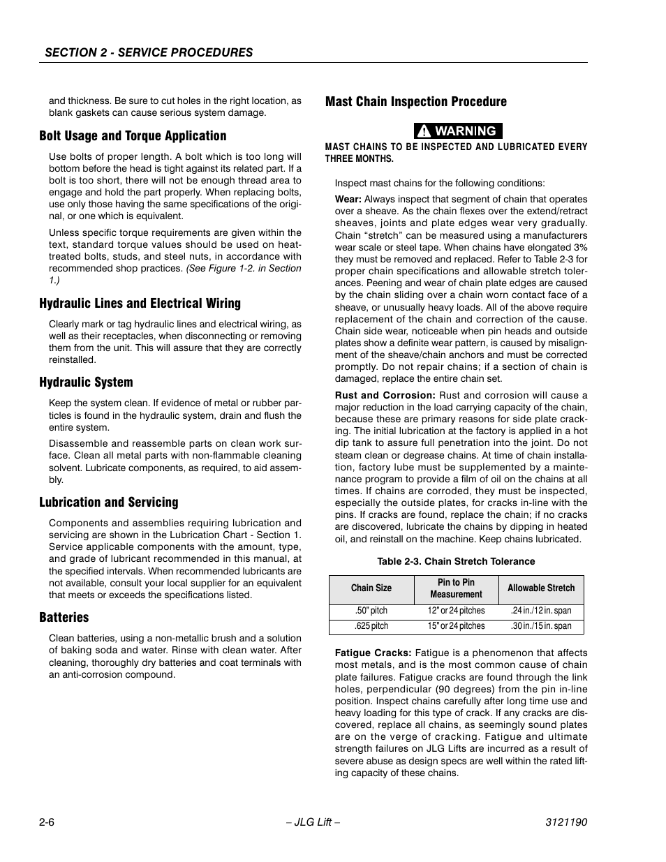 Bolt usage and torque application, Hydraulic lines and electrical wiring, Hydraulic system | Lubrication and servicing, Batteries, Mast chain inspection procedure, Batteries -6 mast chain inspection procedure -6, Chain stretch tolerance -6 | JLG 19AMI Service Manual User Manual | Page 20 / 60