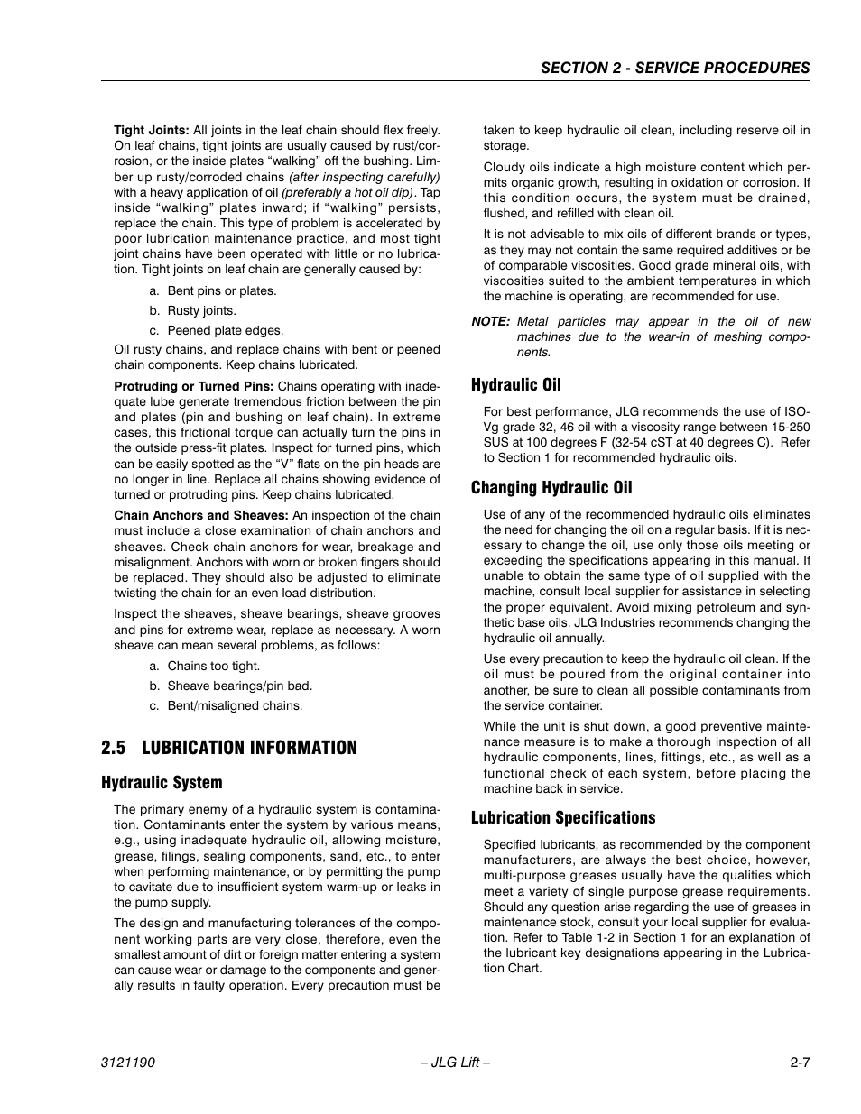 5 lubrication information, Hydraulic system, Hydraulic oil | Changing hydraulic oil, Lubrication specifications, Lubrication information -7 | JLG 19AMI Service Manual User Manual | Page 21 / 60
