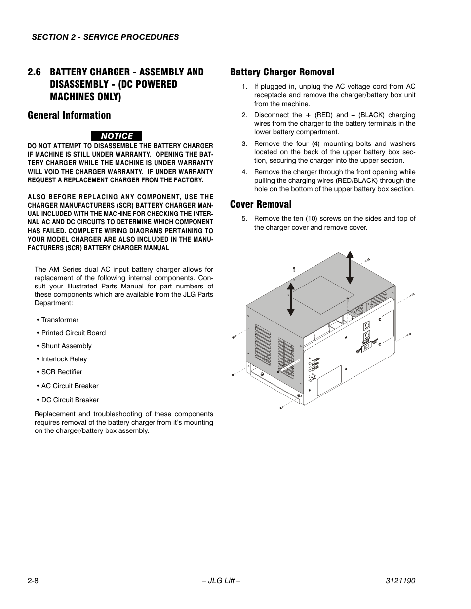 General information, Battery charger removal, Cover removal | JLG 19AMI Service Manual User Manual | Page 22 / 60