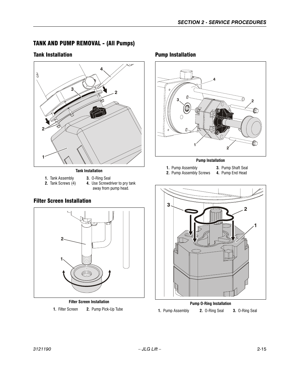 Tank and pump removal - (all pumps), Tank installation, Filter screen installation | Pump installation | JLG 19AMI Service Manual User Manual | Page 29 / 60