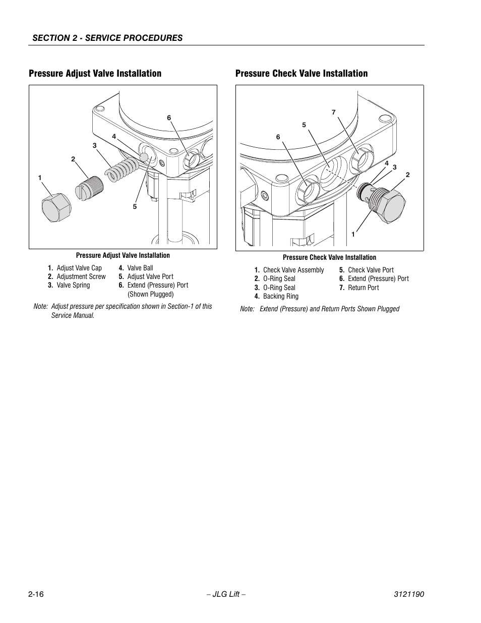 Pressure adjust valve installation, Pressure check valve installation | JLG 19AMI Service Manual User Manual | Page 30 / 60
