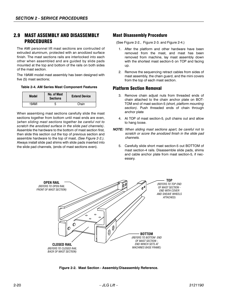 9 mast assembly and disassembly procedures, Mast disassembly procedure, Platform section removal | Mast assembly and disassembly procedures -20, Mast section - assembly/disassembly reference -20, Am series mast component features -20 | JLG 19AMI Service Manual User Manual | Page 34 / 60