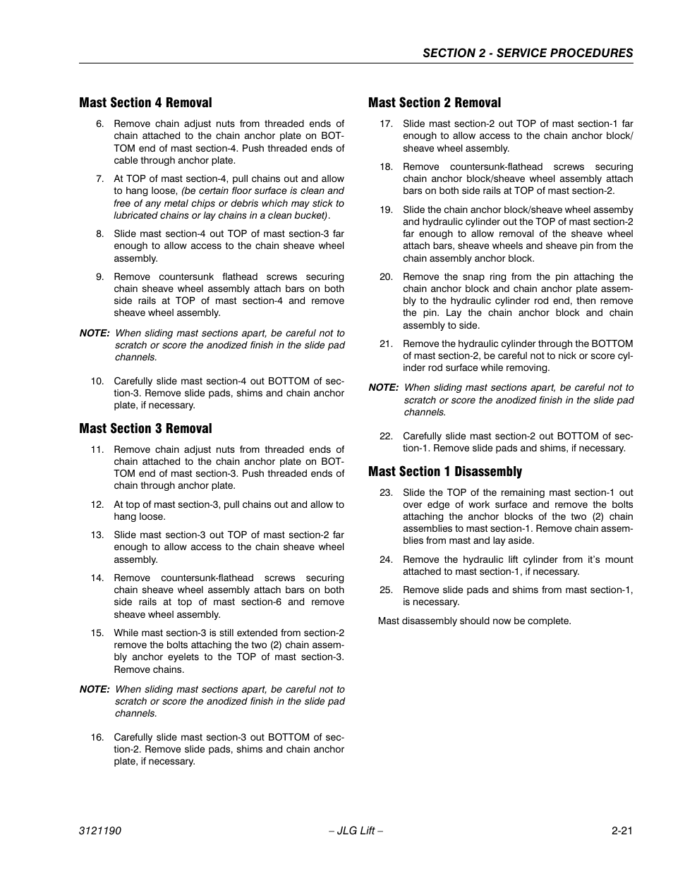 Mast section 4 removal, Mast section 3 removal, Mast section 2 removal | Mast section 1 disassembly | JLG 19AMI Service Manual User Manual | Page 35 / 60